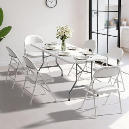 6FT White Plastic Folding Table Set with 6 White PU Padded Chairs