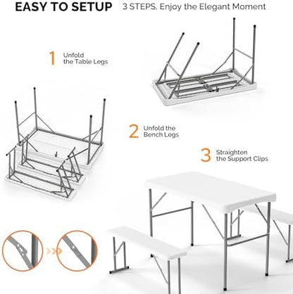 VINGLI Picnic Table Set with 2 Benches, 6 Feet Camping Table Chair Set, Heavy-Duty HDPE Material with Metal Frame, 3-Piece Folding Furniture for Indoor or Outdoor Use (3.5ft White)