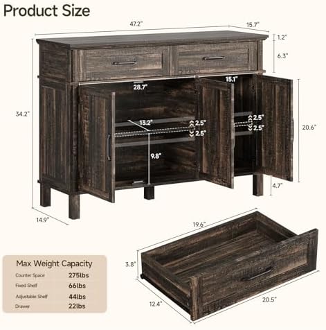 48 Inch Sideboard Buffet Cabinet with Storage, Rustic Brown