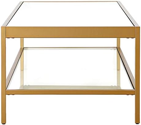 Henn&Hart 54" Wide Rectangular Coffee Table in Brass, Modern coffee tables for living room, studio apartment essentials | Open lower shelf adds practical storage while the glass design keeps spaces feeling bright