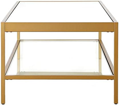 Henn&Hart 54" Wide Rectangular Coffee Table in Brass, Modern coffee tables for living room, studio apartment essentials | Open lower shelf adds practical storage while the glass design keeps spaces feeling bright