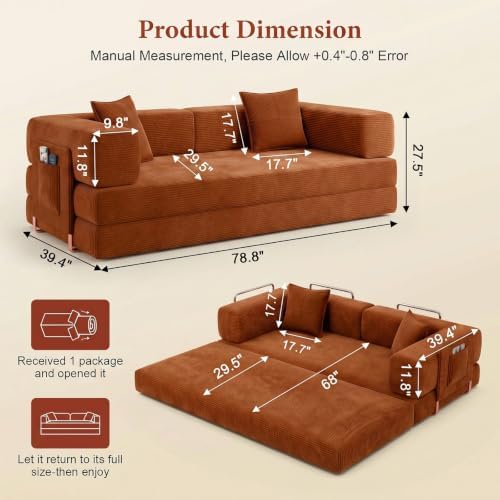 Convertible Futon Sofa Bed | 78.8” Corduroy Boneless Couch with Pull Out Sofa Bed, Comfy Futon Floor Couch with Side Pocket, Versatile Sleeper Sofa for Home & Apartment |Orange