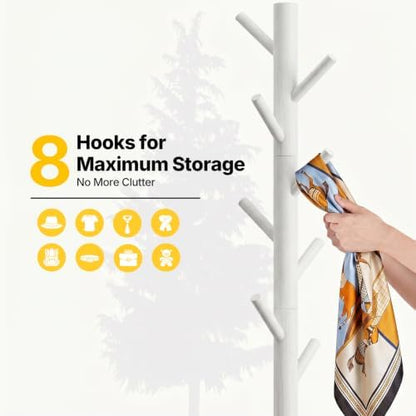 AMADA Solid Wooden Coat Rack Freestanding with 8 Hooks, White
