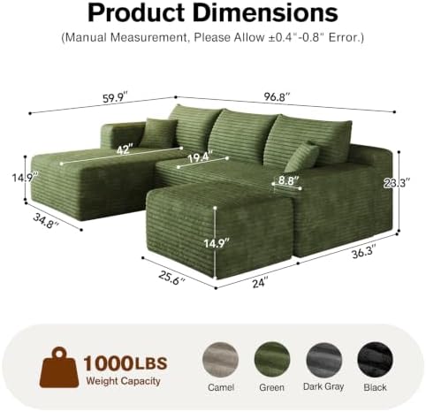 96" Sectional Boneless Modular Couch, Cloud Sofa Green