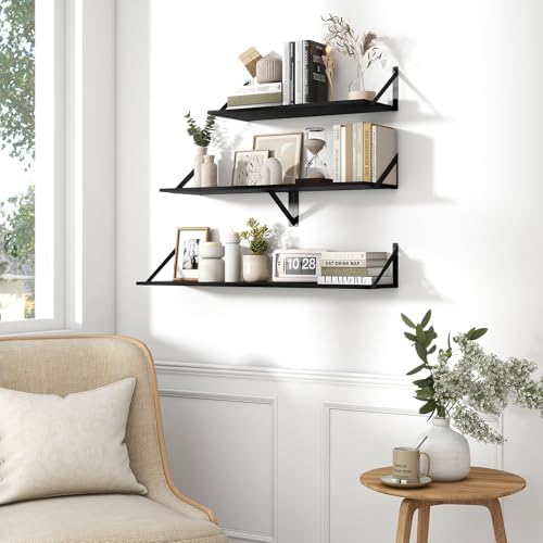 Deep Floating Shelves for Wall, 36W x 8D Wall Mounted Shelves Set of 2, Wide Display Ledge Shelf with Sturdy Metal Brackets for Living Room, Bathroom, Bedroom and Kitchen, Black