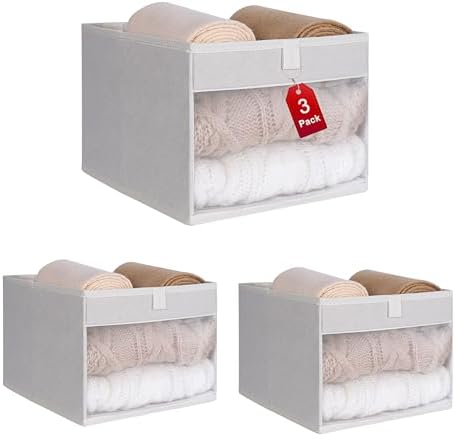 WUIKE Cloth Storage Bins, Clear Window, Beige, Medium, 3-Pack