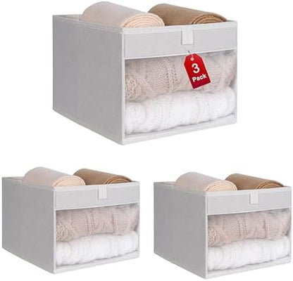 WUIKE Cloth Storage Bins, Clear Window, Beige, Medium, 3-Pack