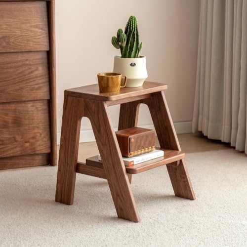100% Solid Oak Wood 3 Step Stool, Multifunctional 3-Tier End Table Nightstand Plant Stand Counter Barstool Dining Stool for Living Room Bedroom Kitchen (Walnut, 2-Tier)