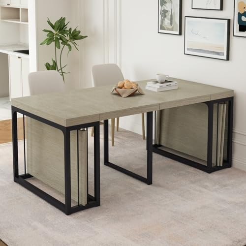 23.62" - 118" L Extendable Foldable Dining Room Table for 2-10 People, Wood Modern Rustic Rectangle Expandable Kitchen Living Meeting Room Furniture, 5 Tabletop Length Options