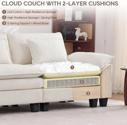 IPKIG 154" Modular Sectional Sofa, Chenille U-Shaped Sectional Couch Comfy Upholstered 4-Seat Sofa with 2 Ottoman, 4 Lumbar Pillow, Deep Seat Cloud Couch Sofa for Living Room, Beige White