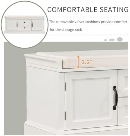 GDFStudio Rustic Storage Bench with 4 Doors 2 Draws Adjustable Shelves Removable Cushion Rectangular Cabinet Foot Rest Stool Solid Wood Shoe Bench Seating for Entryway Living Room, White
