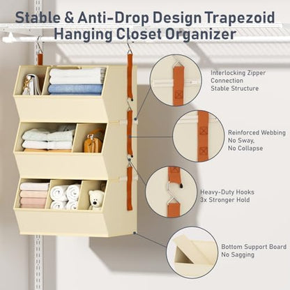 Hanging Closet Organizer Extra Large, Clothes Hanging Shelves for Closet with Divider, Collapsible Closet Storage System, Fabric Storage Bins for Home, Dorm, Rv, Sweaters, Handbags, Underwear, Sock