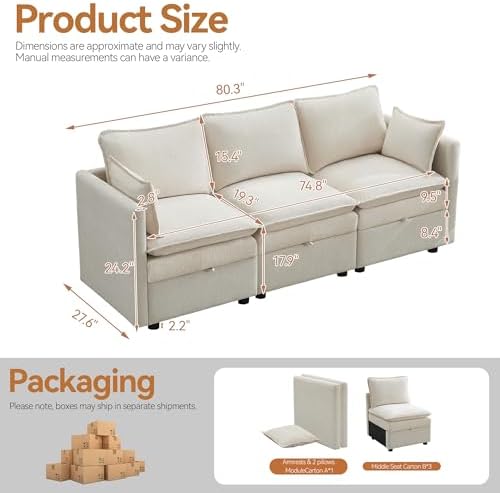 Modular Sectional Storage Sofa, 80" Cloud Deep Seat 3-Seat Couch, Beige