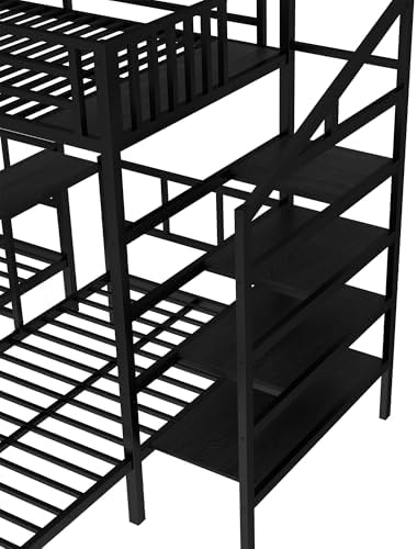 RUNNA Twin XL Over Twin & Twin Triple Bunk Bed with Desk & Shelves, Heavy-Duty Metal Frame, Space-Saving Design for Kids/Teens/Guests