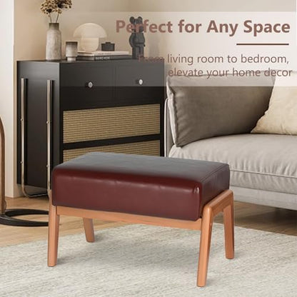 Foot Stool, Leatherette Wooden Step Stool, Modern Rectangle Ottoman Wide Vanity Stool with Cushion for Couch Living Room Bedroom Entryway, Brown