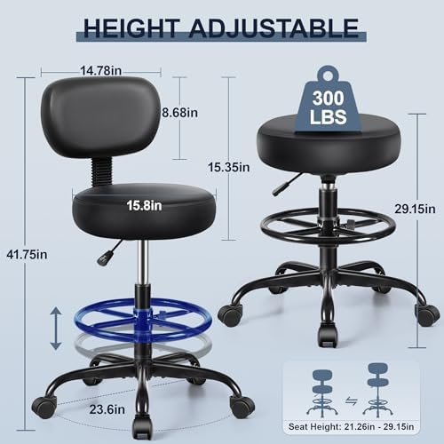 Drafting Chair with Backrest – Adjustable Foot Rest Rolling Stool with Wheels, PU Leather Swivel Stool for Office Spa Studio Lab Counter Salon Home Work Bar Kitchen Shop(Black), Pack of 5