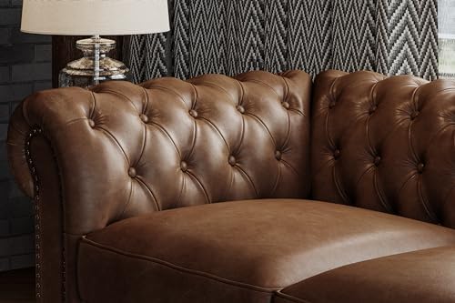 Valencia Parma Chesterfield 3 Seater Sofa 82" | Full Leather | Mid-Century Leather Couch with Classic Button Tufted Back, Wood Legs for Living Room, Chocolate