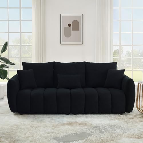 Antetek 78" Modern Sofa Couch, Comfy Deep Seat Teddy Fabric Cloud Sofa, Upholstered 3-Seater Boucle Couch, Oversized Loveseat for Living Room, Bedroom, Office, Apartment, Black