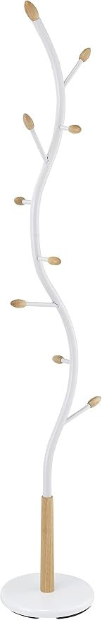 Roundhill Furniture Arles Metal Whtie and Oak Standing Coat Rack