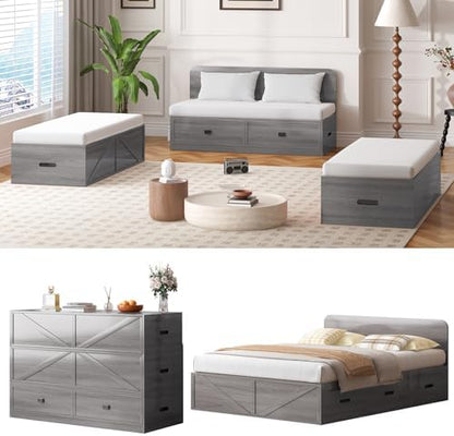 Mjkone Murphy Cabinet Beds Full Size with Mattress, Included, Murphy Hidden Guest Sleeper Bed with Storage Drawers, 3-in-1 Convertible Living Room Furniture Sofa Set for Small Room, Apartment, Grey