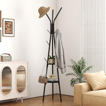 HOMEFORT Coat Rack, Coat Hanger Stand with 2 Shelves, Freestanding Hall Tree, Metal Hat Hanger with 12 Hooks for Clothes Hats and Scarves (Black)