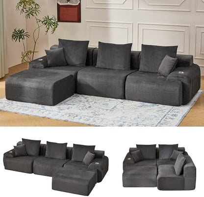 HOMREST 118" Cloud Couch, Modular Sectional Sofa with Movable Ottoman