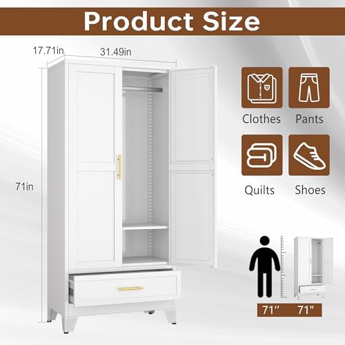 71" White Metal Tall Clothing Storage Armoire Wardrobe