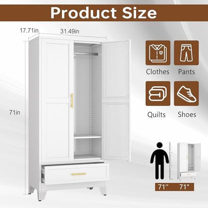 71" White Metal Tall Clothing Storage Armoire Wardrobe