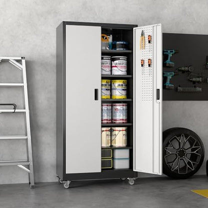 Reemoon Metal Garage Storage Cabinet with Wheels, Black and Silver