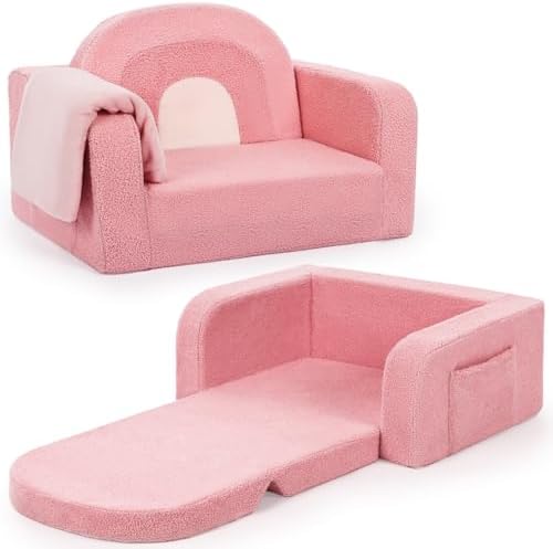 Kids Couch, 2-in-1 Soft Toddler Couch Fold Out with Blanket, Comfy Toddler Chair, Convertible Sofa, Gifts for Kids Girl Boys, Medium Pink Rainbow