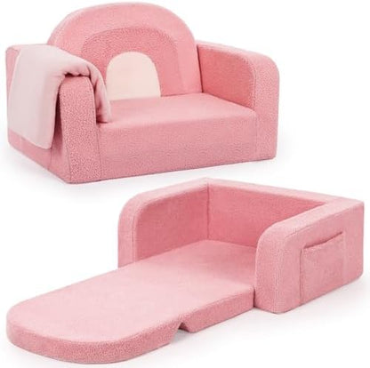 Kids Couch, 2-in-1 Soft Toddler Couch Fold Out with Blanket, Comfy Toddler Chair, Convertible Sofa, Gifts for Kids Girl Boys, Medium Pink Rainbow