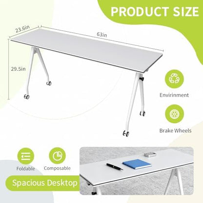 Folding Conference Table with Wheels, 2 Pack Modular Flip Top Conference Tables for Training Rooms, Mobile Modern Office Table, 63 Inch Large Conference Room Table, White