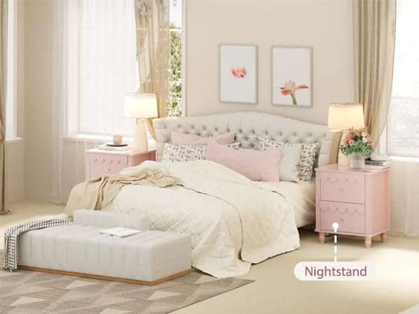 Anbuy Bedroom Sets Scalloped 6 Drawer Dresser and Night Stand Sets for Bedroom, Two Drawers Nightstand & 6 Drawer Dresser Combo 2 Pieces (Pink)
