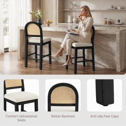 KISLOT Upholstered Rattan Bar Stools, 26'' Counter Height, Set of 6, Black