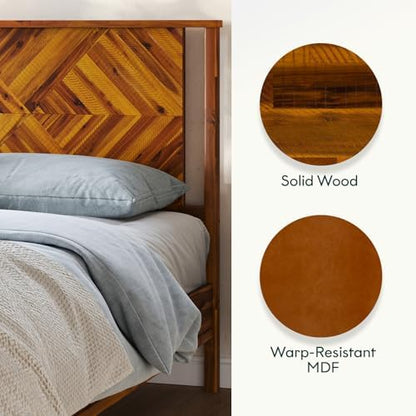 Bme Ethan King Size Bed Frame with Diamond Headboard, Rustic Mid Modern, Solid Acacia Wood, No Box Spring Needed, Slat Support, Rustic Caramel