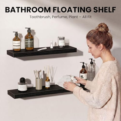 Floating Shelves for Wall, 24 Inch Set of 2 Rustic Wood Wall Shelves with Invisible Brackets, Heavy Duty Storage Display for Living Room Bedroom Kitchen, Black