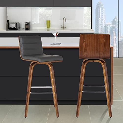Armen Living Vienna Mid-Century Modern 30" Bar height Barstool Faux Leather Wood Finish, Grey/Walnut