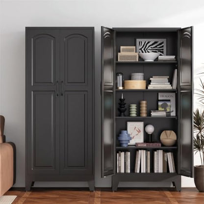 71" Metal Storage Cabinet with 5 Adjustable Shelves, Arch‑Curve Black