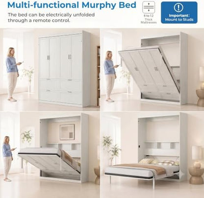 Mjkone Full Size Murphy Bed, Cabinet Beds Full with Motor-Driven Lifting System & Bedside Storage, Hidden Wall Murphy Automatic Lift Up Beds & Legs, Space-Saving Guest Bed for Apartment - White