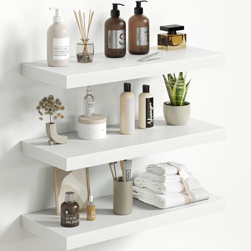 Floating Shelves for Wall 24 Inch Set of 3, Farmhouse Floating Shelves with Invisible Heavy Duty Bracket, 10 Inch Deep Bathroom Shelves for Storage, Living Room, Kitchen, Decor, White