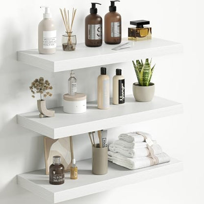 Floating Shelves for Wall 24 Inch Set of 3, Farmhouse Floating Shelves with Invisible Heavy Duty Bracket, 10 Inch Deep Bathroom Shelves for Storage, Living Room, Kitchen, Decor, White
