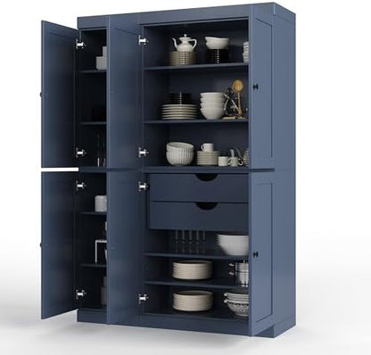 Palace Imports Solid Wood Tall Kitchen Pantry Cabinet - 71.5" H x 48.5" W – Utility Cabinet w/ 6 Shaker Doors, 2 Drawers & 8 Adjustable Shelves – Antique Blue, 100% Eco-Friendly Wood, Modular