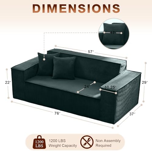 SUYOLS Corduroy Cloud Couch with Pillow, Premium Memory Foam, No Assembly Required, Deep Seat Sofa in Box, Space-Saving Chair for Home, Living Room, Bedroom, Apartment, Office, 3-Seater, Dark Green