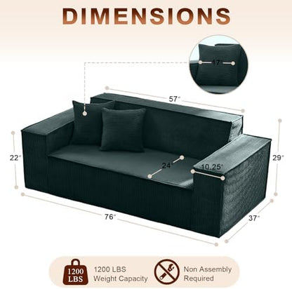 SUYOLS Corduroy Cloud Couch with Pillow, Premium Memory Foam, No Assembly Required, Deep Seat Sofa in Box, Space-Saving Chair for Home, Living Room, Bedroom, Apartment, Office, 3-Seater, Dark Green