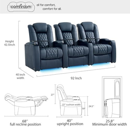 comfiroom Top-Grain Leather Home Theater Seating, Dual-Motor Power Recliner