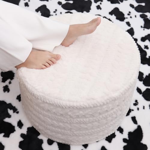 Asuprui Round Footstool Ottoman, 20x14In, Ivory,Hassock,Sofa Couch Footrest