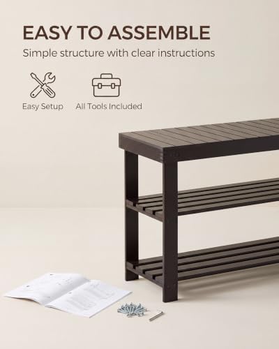 SMIBUY Sturdy Bamboo Shoe Rack Bench, 3-Tier Shoe Organizer, Storage Shelf for Entryway Hallway Bathroom Living Room (Dark Brown)