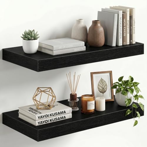 12" Deep Floating Shelves for Wall, 30" Long Black Wood Wall Shelves, Set of 2, 2" Thick Rustic Storage & Display Shelves with Invisible Brackets for Living Room Bedroom Kitchen