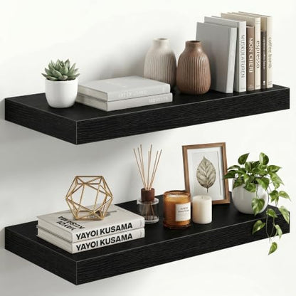 12" Deep Floating Shelves for Wall, 30" Long Black Wood Wall Shelves, Set of 2, 2" Thick Rustic Storage & Display Shelves with Invisible Brackets for Living Room Bedroom Kitchen