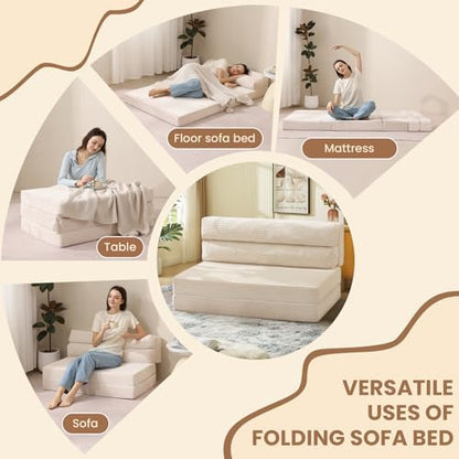 JUIKURY Folding Sofa Bed, Convertible Sleeper Chair with Pilow Foldable Matress, 2 in 1 Pull Out Loveseat Sofa Portable Fold Out Chair Bed Floor Couch Lounge for Living Room Bedroom (Beige, Full)